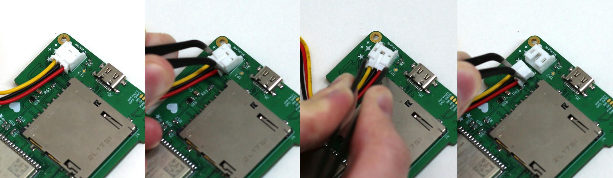 The battery connector is rocked back and forth to loosen, then pulled free
