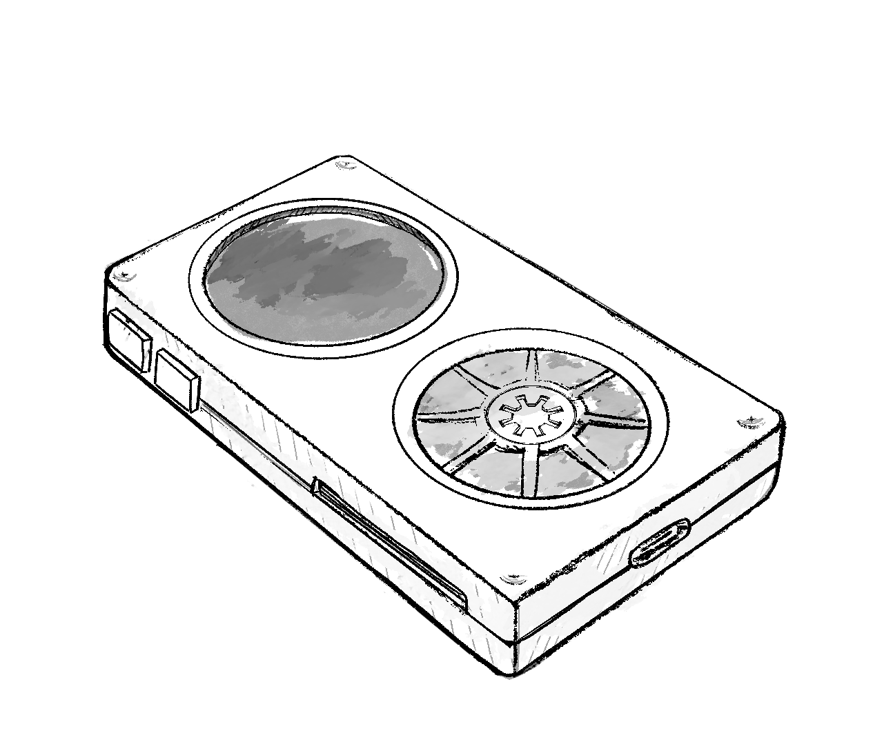 A concept sketch of a cassette tape like music player, with a circular screen and 3d printed reel