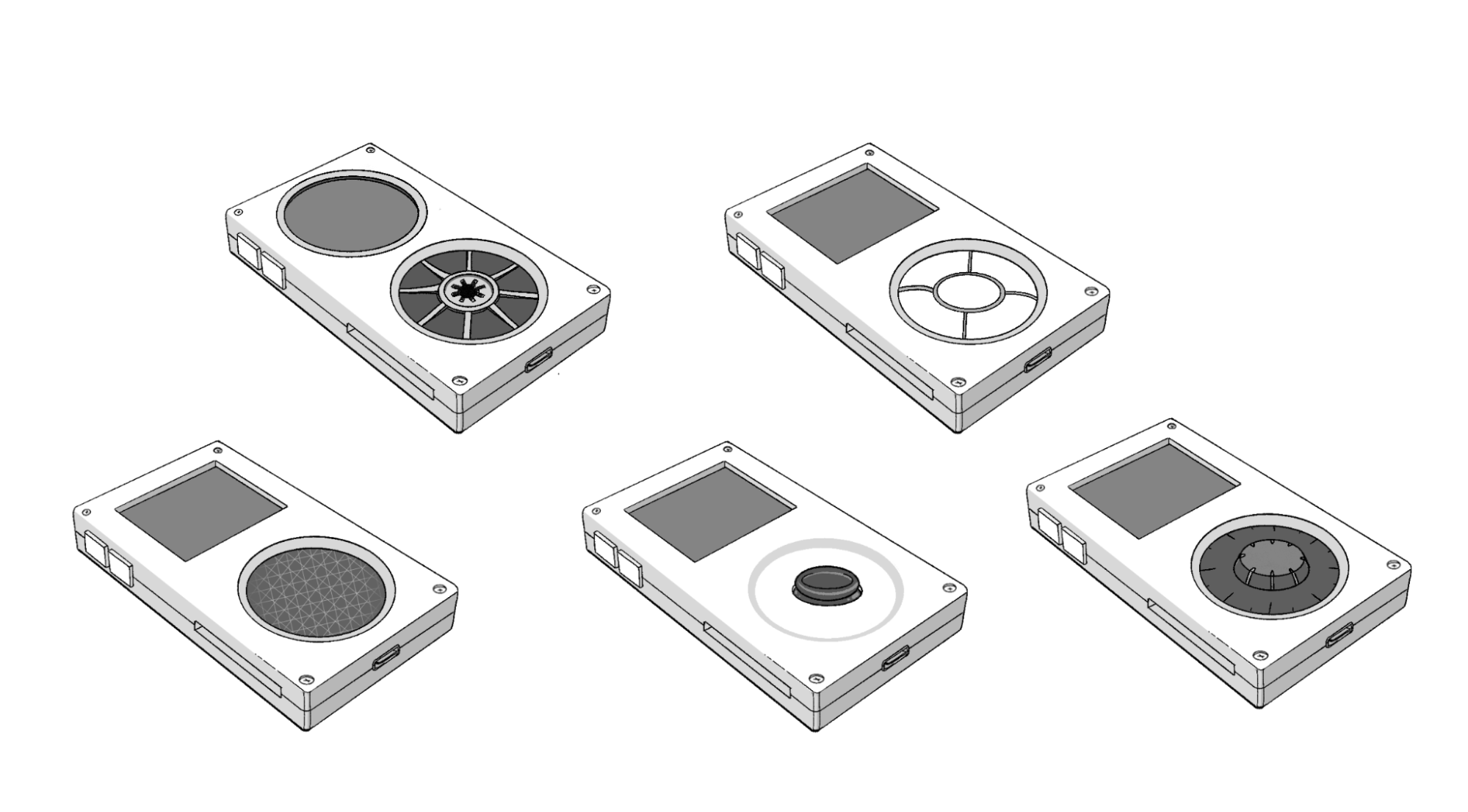 5 different concept sketches of various input hardware ideas. A cassette-inspired reel, directional buttons around a middle button, a circular trackpad, an analog joystick, and a rotary encoder