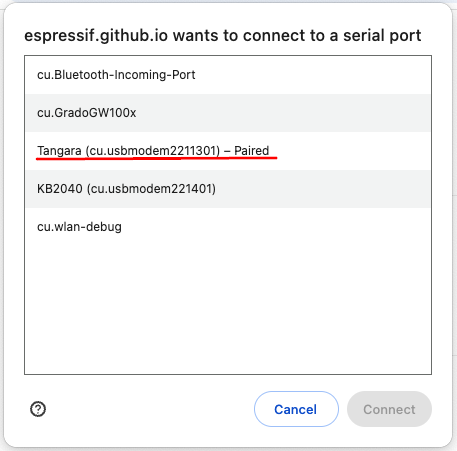 A list of serial ports, with Tangara highlighed