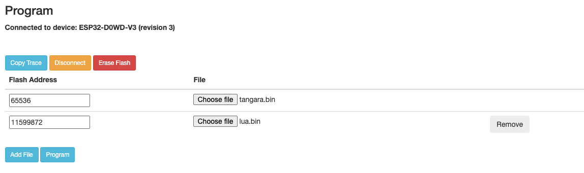 The 'program' page, with tangara.bin and lua.bin loaded and configured to flash to the correct addresses