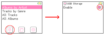 Screenshots showing the main menu with the USB settings icon highlighted, then the mass storage settings screen with the enable toggle highlighted.