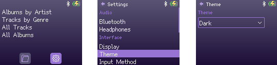 Screenshots showing the main menu with the settings icon selected, the settings menu with the 'Theme' item selected, and the screen showing a dropdown to select a theme